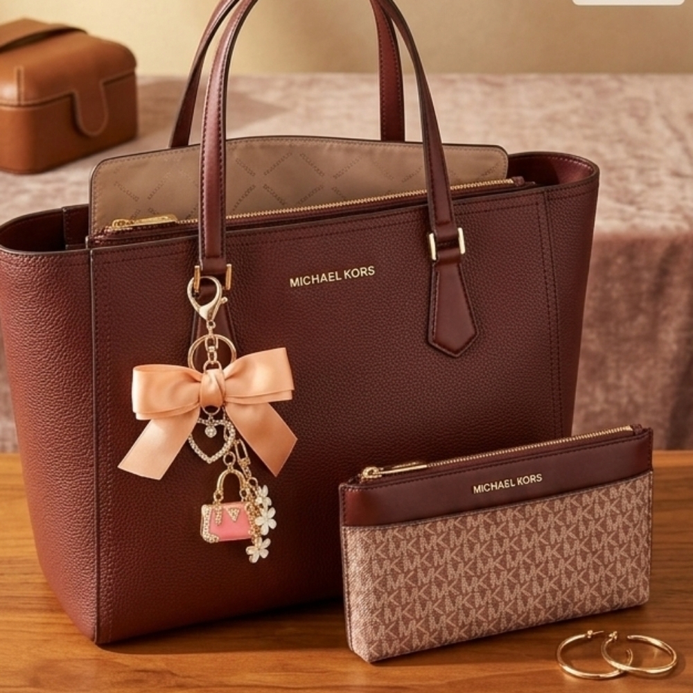 Michael Kors Maisie Tote with Wristlet Snapped Inside. 2 Bags In One. Maroon